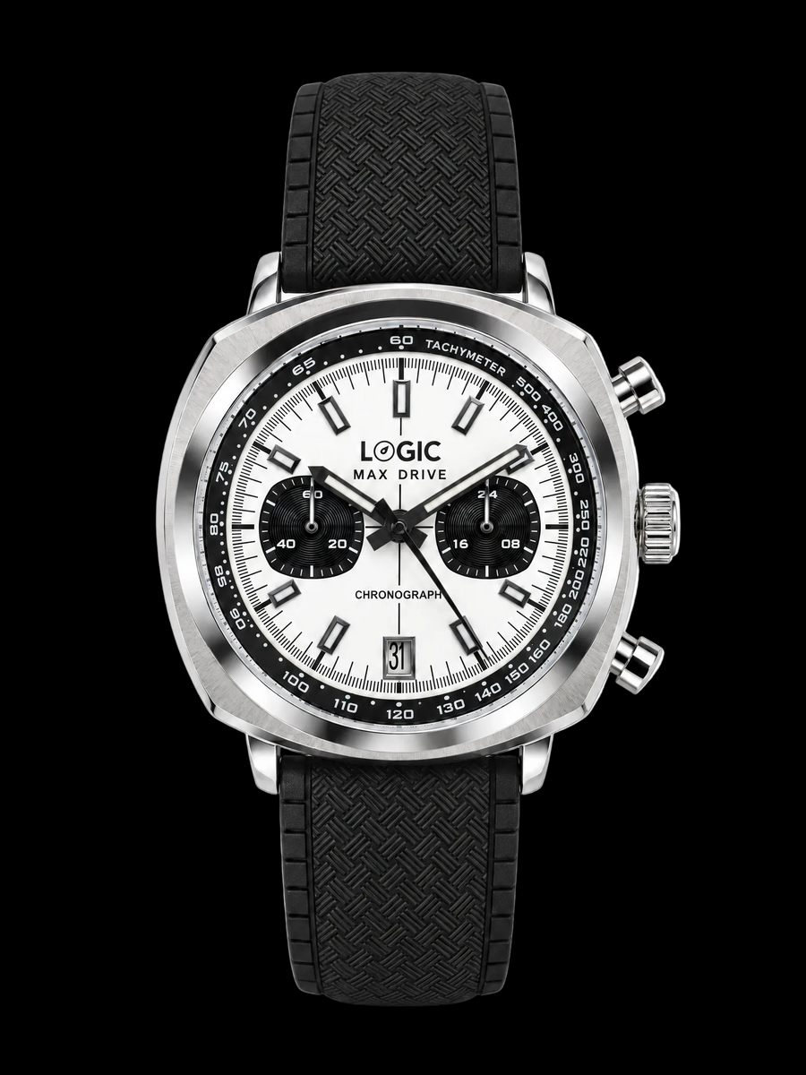 Logic Watches Max Drive B/W chronograph — white panda dial, black sub-dials, stainless steel case with black NATO strap on black background