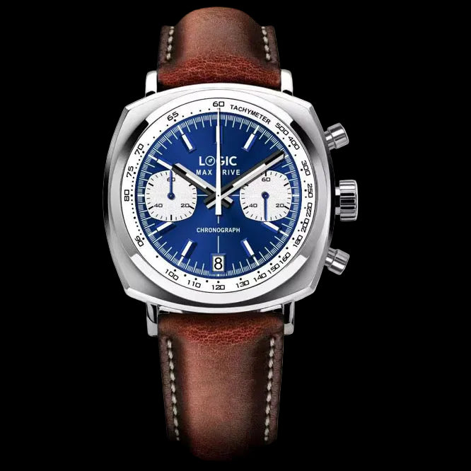 Logic Watches Max Drive Ocean chronograph — blue panda dial, stainless steel case, brown leather strap on black background