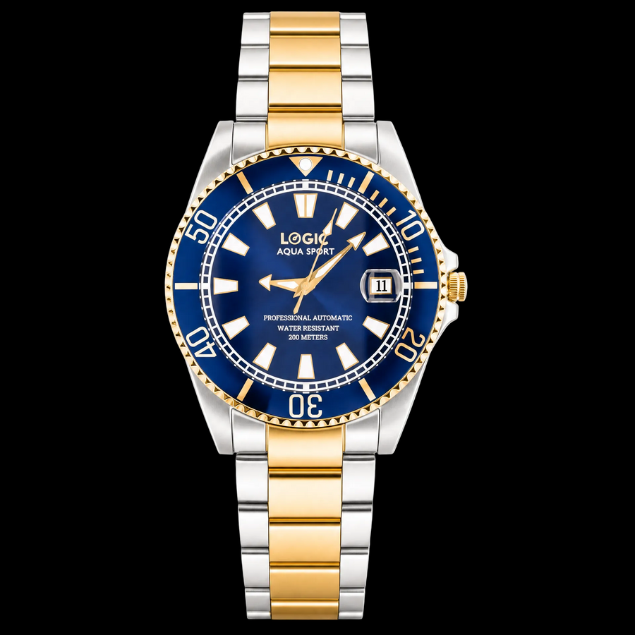 IDEBORNE automatic dive watch with blue dial and two-tone gold and silver bracelet on black background
