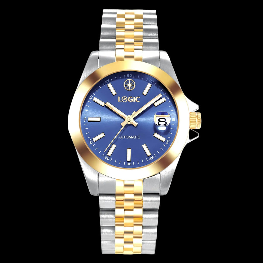 Starwave automatic watch with blue dial and two-tone stainless steel and gold bracelet
