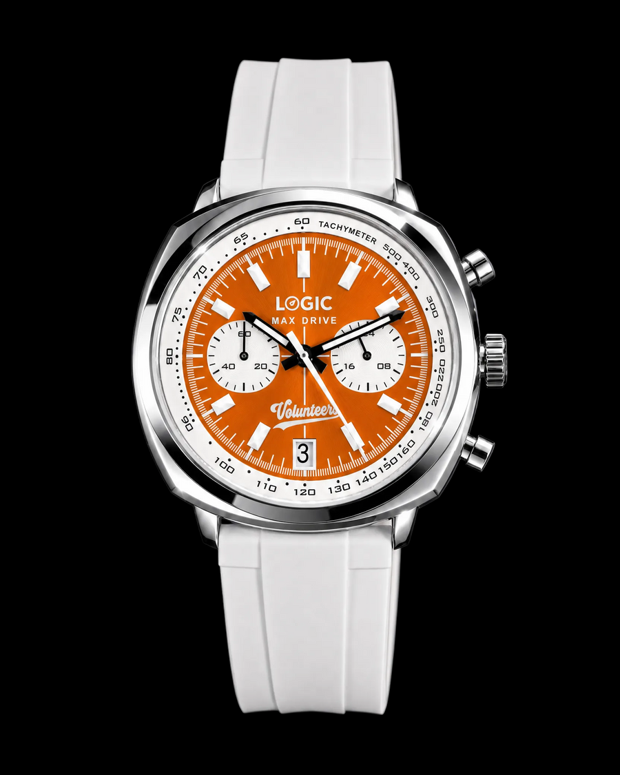 Volunteer chronograph watch with orange dial and white silicone strap