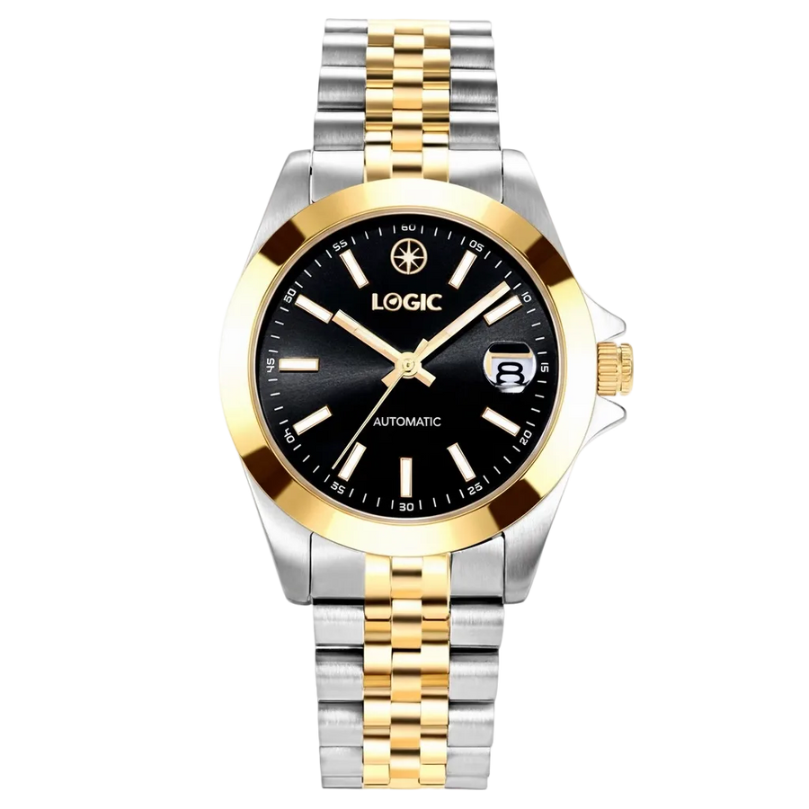 Logic Watches Centurion 40mm automatic watch — black sunburst dial, date window, 
silver-and-gold two-tone jubilee bracelet on white background