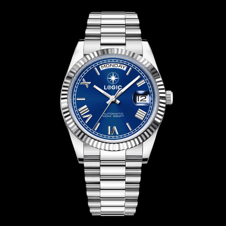 R2 automatic watch with blue dial, fluted bezel, and stainless steel bracelet