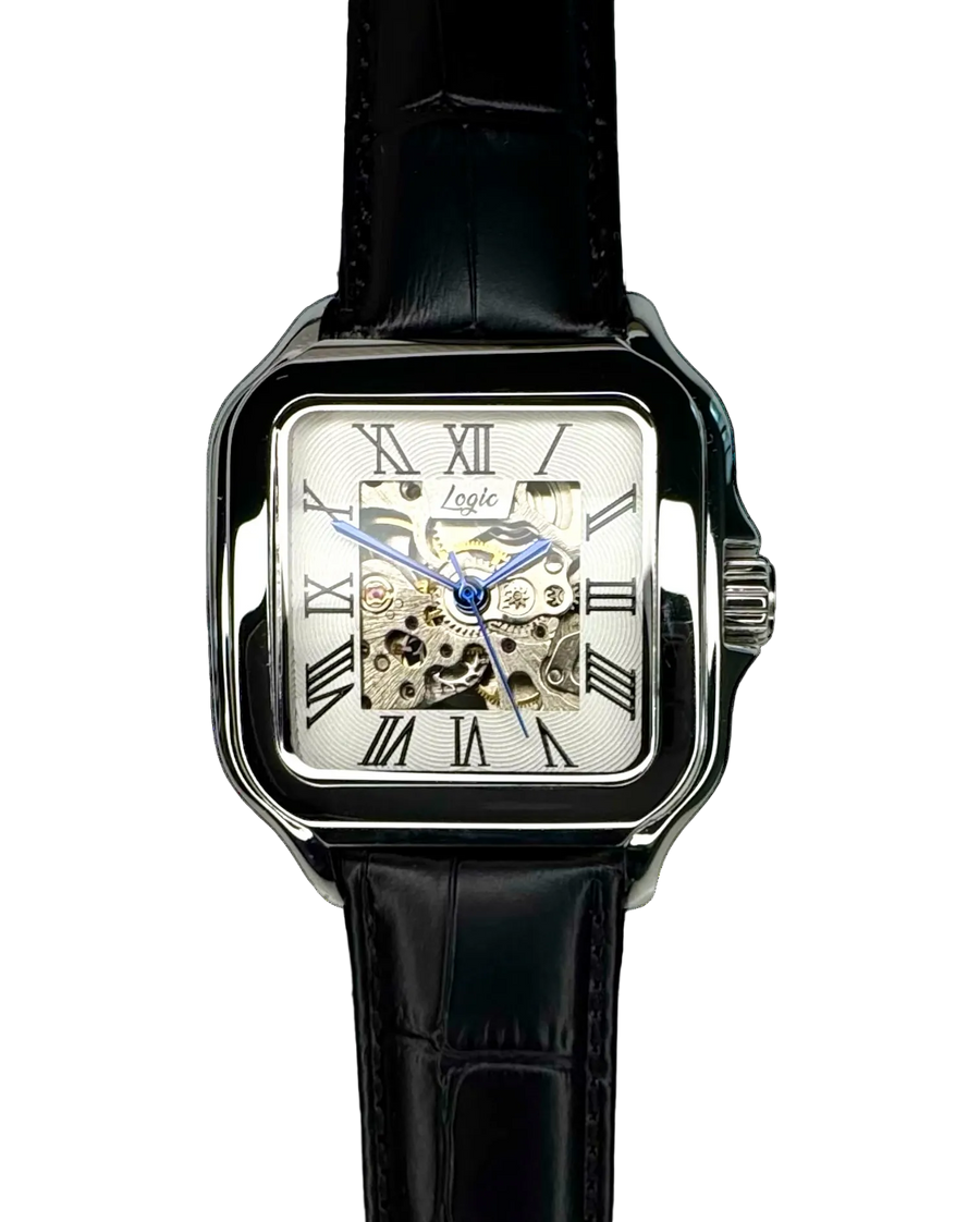 Logic Watches Elysium square automatic skeleton watch — Roman numeral open dial, blue balance wheel, stainless steel case with black leather strap