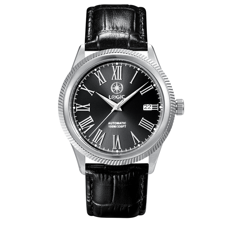 Front view, black leather strap